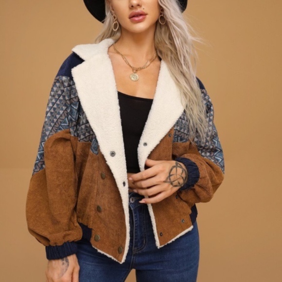 Camel Corduroy shearling line tribal Button Jacket - Picture 5 of 8